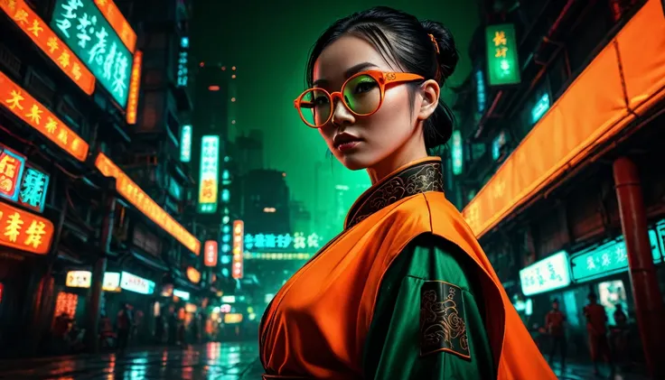 dark night cyberpunk background，neon，a woman wearing orange and dark green national style，chinese clothing，抱着neon，with round bla...