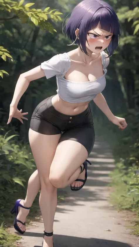 kyoka jiro, 1girl, solo, large breasts, cleavage, blush, short hair, bangs, simple forest background, strapless mini croptop, black tight pants, ((open-toe platform high heels)), open mouth, purple eyes, collarbone, full body, purple hair, short sleeves, b...