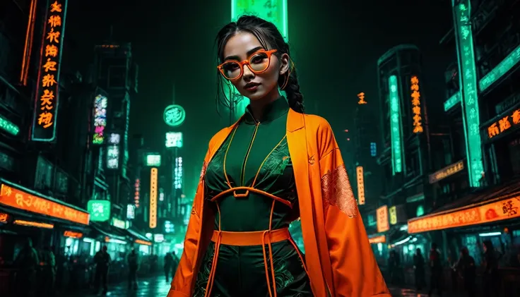 dark night cyberpunk background，neon，full body shot，a woman wearing orange and dark green national trend style，chinese clothing，...