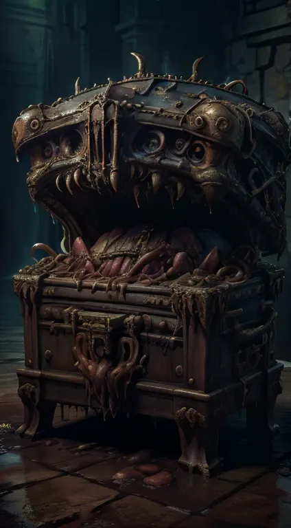 wet, dripping, monstrous mouth, (masterpiece:1.3) (best quality:1.2) (high quality:1.1), a mimic as a treasure chests to capture...