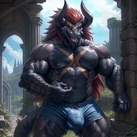 solo, breath (ultra detailed), a beautiful and detailed full size portrait of a male anthro batzz, demon lord dragon batzz, dragon tail, green eyes, glowing eyes, black body, black skin, long hair, red hair, horns, scar, tail, bedroom eyes, detailed eyes, ...