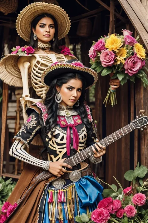 a skeleton dressed as a charro, women with Mexican clothing and flowers and weapons in the background and with the initials CDS