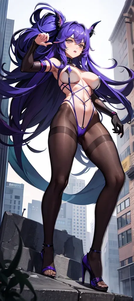 A colossal giantess succubus walks into a tiny city, breaking the floor and everything with her heels, she looks down and mocks you as you see from below her tiny tits and long legs covered all in transparent pantyhose, look down, evil, better quality, clo...