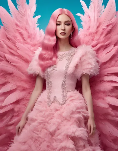 pretty woman with long pink hair and in pink dress on pink background, in the style of made of feathers, futuristic victorian, collage-like layering, focus stacking, layered forms, textured fabrics, oversized objects.music video, youtube, screenshot , behi...