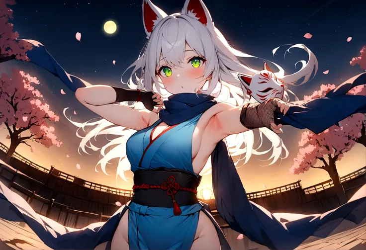 (masterpiece, best quality:1.2), 1girl, 独奏,Wolf girl, fox mask, ninja, girl, long white hair, Blue and green odd eyes, blue kimono, ninja girl, red and blue scarf,Dancing Cherry Blossoms,Full moon backlighting, light coming in, fantastic atmosphere.night、S...