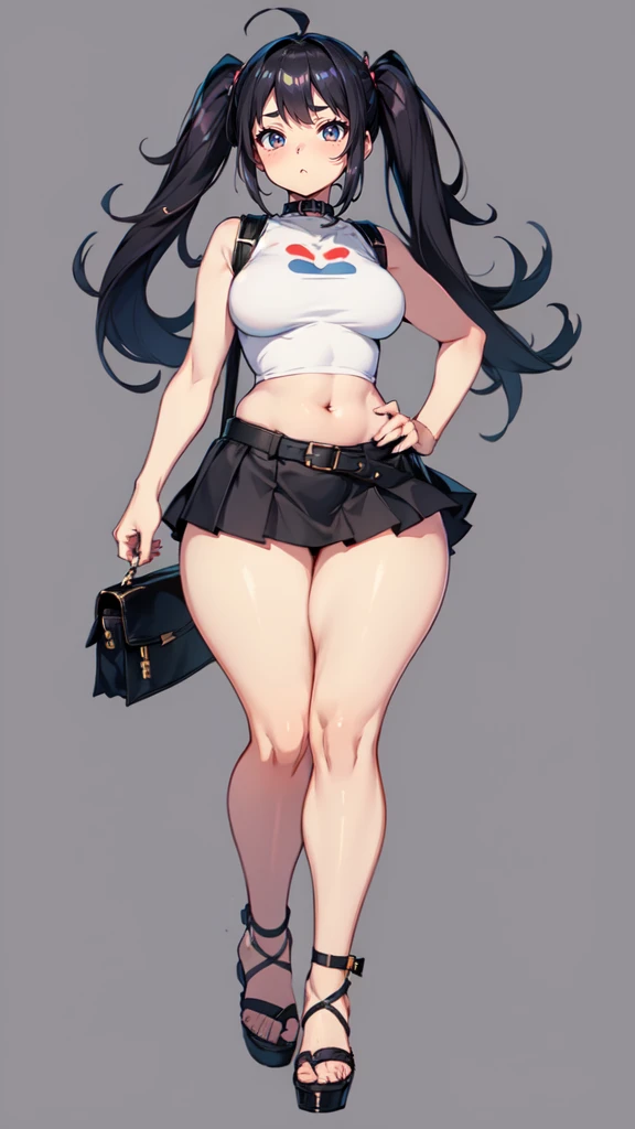 blank background, (((full body))), (masterpiece), ((best quality)), (very short girl), flat chest, short twintail, (wide hips:1.4), (thick thighs:1.4), (very short skirt), toeless footwear, belt below navel, fanny packs, bags