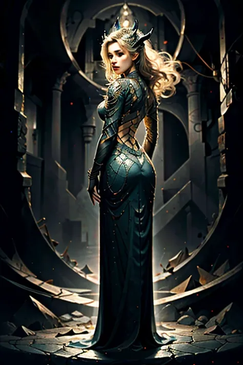 hyper realistic, 8k, award winning digital art, dark fantasy, dramatic lighting, full body shot, facing away, wide angle, back view, deep shadows, a vampiric goddess and her victim, extremely detailed skin, perfect blonde wavy hair, (A vampire goddess is h...