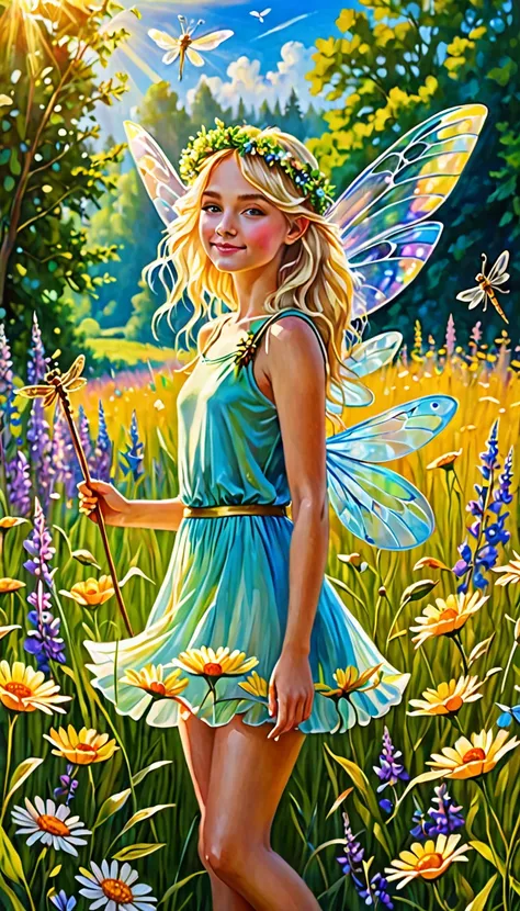 (Masterpiece, acrylic painting: 1.7). Bright summer day. Sunlit meadow. Many flowers. Golden glow. Fairy girl with dragonfly wings. Blonde hair. Wreath of flowers. Magic wand. Magical setting. UHD. HDR.