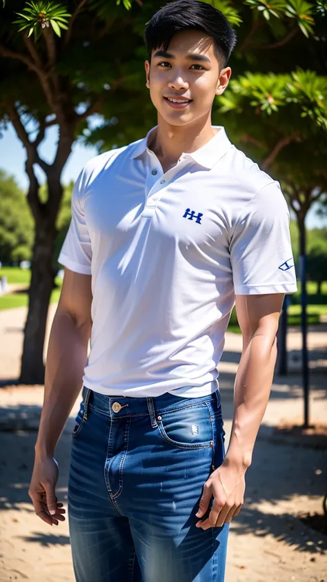 1 man, smile, (wearing a navy polo shirt, round neck, short sleeve shirt ยี่ห้อ under armor), Jeans, Korean guy , korean men, (High gloss details), chest muscles, Big arm muscles, blood vessel, big muscles, Broad shoulders, looking at the audience, Balanci...