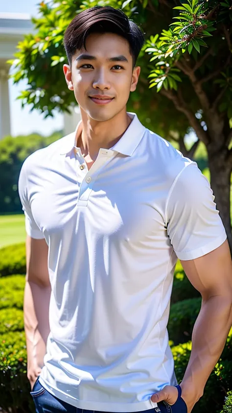 1 man, smile, (wearing a navy polo shirt, round neck, short sleeve shirt ยี่ห้อ under armor), Jeans, Korean guy , korean men, (High gloss details), chest muscles, Big arm muscles, blood vessel, big muscles, Broad shoulders, looking at the audience, Balanci...