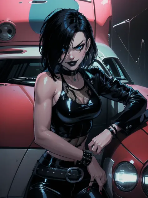 a woman with medium black hair, hair on shoulders, wearing black pant, black jacket, blue eyes, gothic art, cute aesthetic with vibe, toon aesthetic, wearing gothic accessories, look like Cassie Hack, upper body, angry clown smile, sitting on the car, gara...