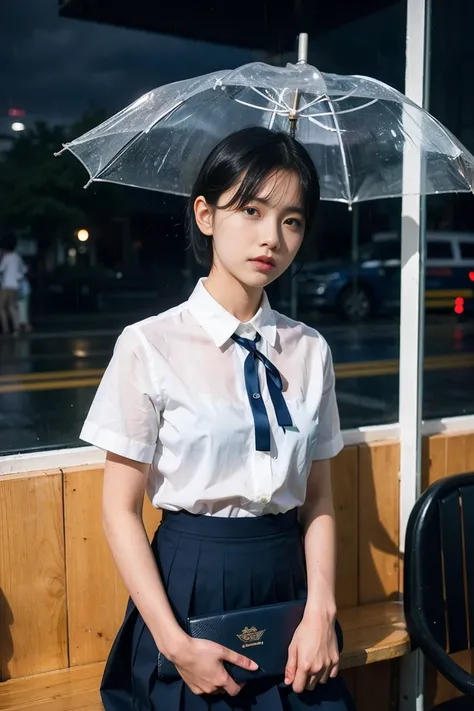 Wet short-sleeved white shirt with blue ribbon、She wore a navy pleated skirt、Young woman with short bob black hair。It is raining in the background、The bus is stopped。Her clothes are wet、See through。
