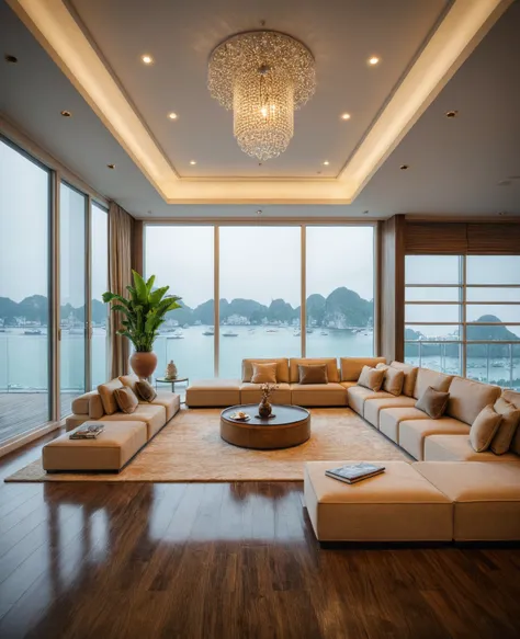 Raw photo,Masterpiece, high quality, best quality, authentic, super detail, interior, indoors, ((living room style modern luxury)), sunset, day light, sofa, table tea, carpet, cabinets, wood floor , (((chandeliers))), windows view sea halong bay , curtains...