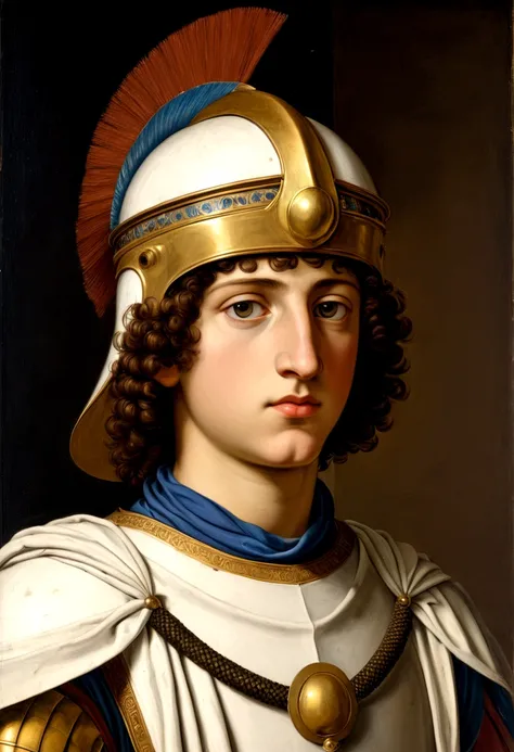 Ptolemy XIII Theo Philopator, depicting as he was, 15-year-old Renaissance painting, wearing Galea helmet on his head, he is facing the viewer