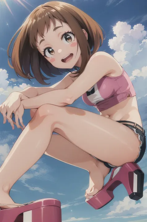 masterpiece, best quality, highres, hmochako, blush stickers, short hair, extra small breasts, pink lingerie croptop, open-toe platform high heels, tight booty shorts, smile, open mouth, sunny sky, posing, legs spread apart