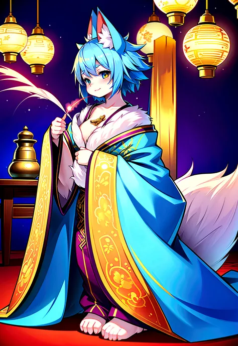 fox Light blue hair 　beast girl　indigo fur　fox beast girl　fox Light blue hair 　beast girl　indigo fur　fox beast girl　Wallpaper 4k,8k,highly detailled,,vivid colors,detailed kitsune with 9 tails,traditional Japanese artwork,tatami floor,beautiful cherry blos...