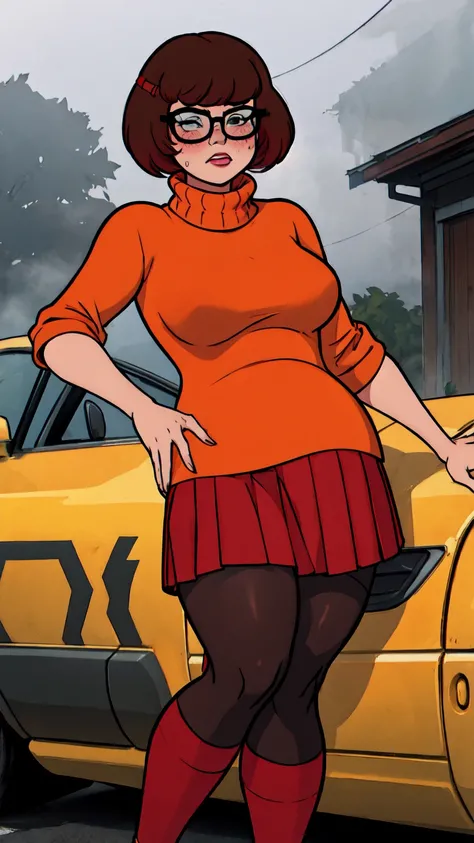 1girl, Velma from scooby-doo, solo, fat (fat body), brown hair, black eyes, square glasses, orange turtleneck blouse and red skirt, eyeliner, looking at viewer, lips, black bob cut, blunt bangs, blush, standing, upper body, face focus, outdoors, horror (th...