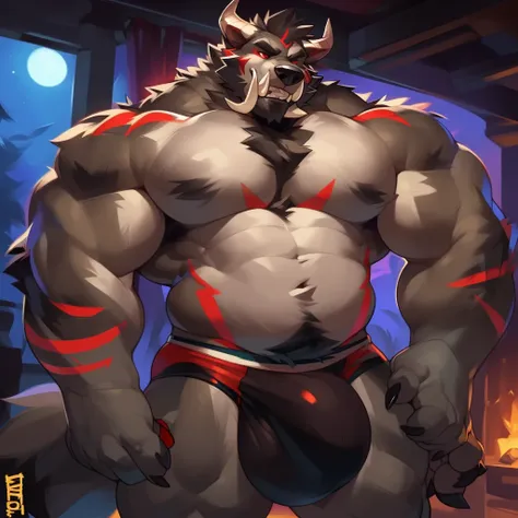 Solo, male (((giant, tall, wolf, werewolf, red eyes, grey body, Muscular, broad shoulders, hyper pecs, huge pecs, huge muscles, muscular arms, muscular thighs, abs, 6 pack, sharp teeth, black chest hair, black nose, tail, tusks, clawed hands, clawed feet, ...