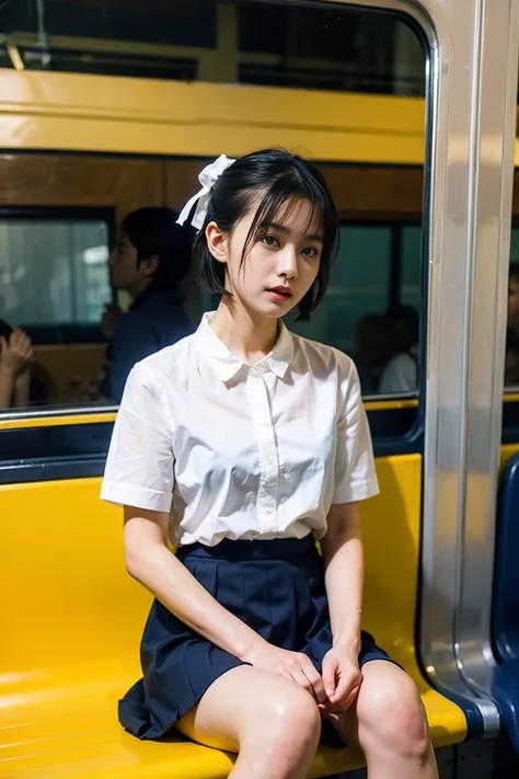 Wet short-sleeved white shirt with blue ribbon、She wore a navy pleated skirt、Young woman with short bob black hair。The bus is stopped。Her clothes are wet、See through。
