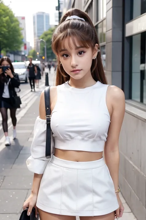 Ariana Grande, beautiful, white crop top shirt, super short leather skirt, posing for photos on the street