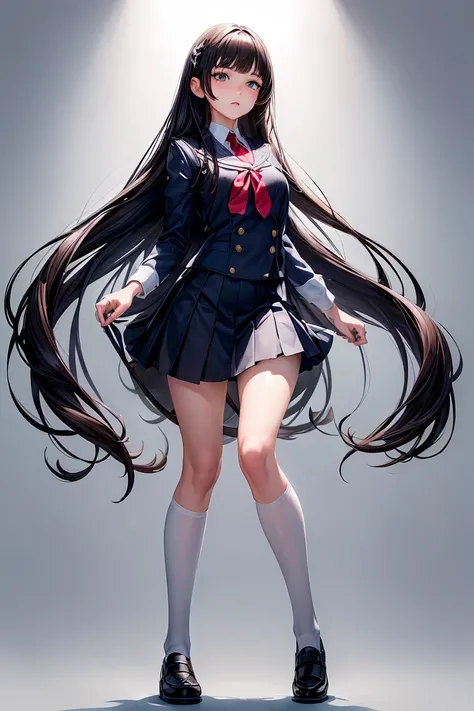 a cut girl with long hair, wearing school uniform, full-body, white background, clean background, full body shot:1.12,Detailed face,detailed eyes,detailed nose,detailed mouth,((UHD,masterpiece,super detail,award winning:1.4,best quality:1.2,highres,high qu...