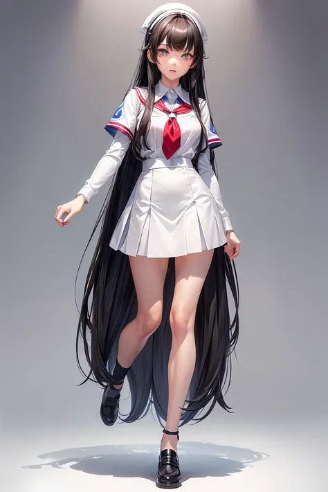 a cut girl with long hair, wearing school uniform, full-body, white background, clean background, full body shot:1.12,Detailed face,detailed eyes,detailed nose,detailed mouth,((UHD,masterpiece,super detail,award winning:1.4,best quality:1.2,highres,high qu...