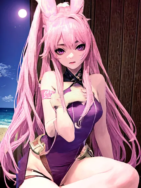 Sexy Rabbit Girl With Pink Ears Purple eyes Wearing a swimsuit with the body of a final fantasy 14 character, beautiful and sexy on a paradisic beach with a little ponytail and a strand of hair in her hair and white highlights, smaller eyes and also with b...