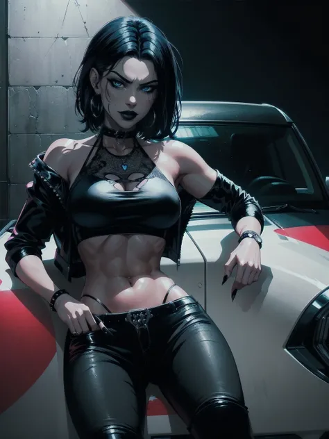 a woman with medium black hair, hair on shoulders,  wearing black pant, black jacket,  blue eyes, gothic art, cute aesthetic with vibe, toon aesthetic, wearing gothic accessories, look like Cassie Hack, upper body, angry clown smile,  sitting on the car, g...