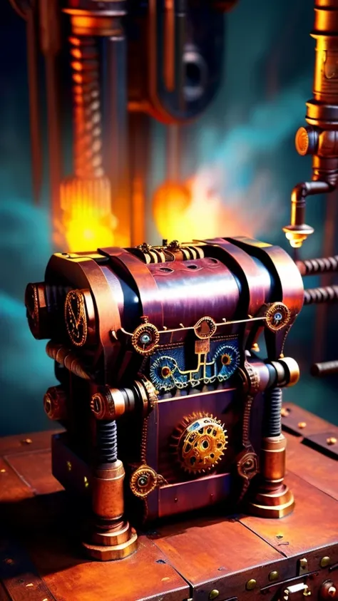 a mimic chest, intricate mechanical details, brass gears, copper pipes, glowing energy core, steampunk style, highly detailed, complex machinery, fantasy, cinematic lighting, dramatic shadows, warm color tones, masterpiece, photorealistic, 8k