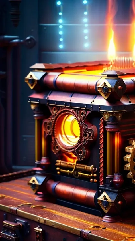 a mimic chest, intricate mechanical details, brass gears, copper pipes, glowing energy core, steampunk style, highly detailed, complex machinery, fantasy, cinematic lighting, dramatic shadows, warm color tones, masterpiece, photorealistic, 8k