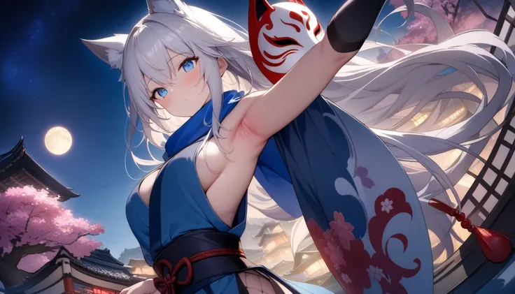 Exposed armpits and chest、A magnificent view of the city from the treetops、(masterpiece, best quality:1.2), 1girl, 独奏,Wolf girl, fox mask, ninja, girl, long white hair, odd eyes, blue kimono, ninja girl, red and blue scarf,Dancing Cherry Blossoms,Full moon...