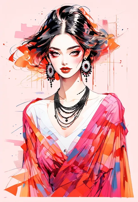 (Highest quality:0.8), (Highest quality:0.8), Perfect illustration,Beautiful woman portrait、One girl, bangs, Black nails, Blonde, , clavicle,  Earrings, Fashion G,  jewelry, looking at iniewer, , Manicure, necklace,  short hair,  sleeines past wrists, 一人in...