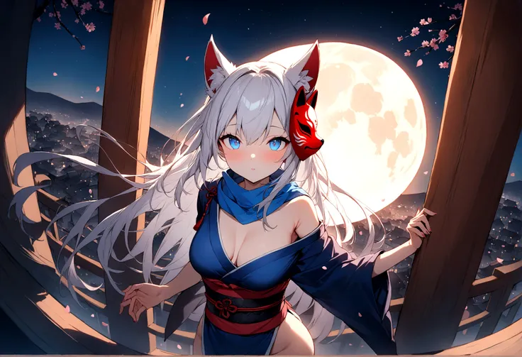 Exposed armpits and chest、Climbing a cherry tree、(masterpiece, best quality:1.2), 1girl, 独奏,Wolf girl, fox mask, ninja, girl, long white hair, odd eyes, blue kimono, ninja girl, red and blue scarf,Dancing Cherry Blossoms,Full moon backlighting, light comin...