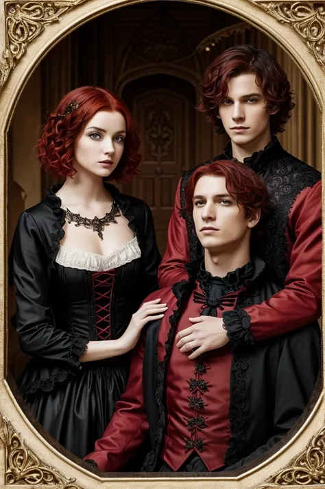 An image of a young couple, The woman, she is gothic, short red hair, and wavy, The man, wear more colorful clothing, but elegant and would, Her skin is brown, both in a castle or colorful but serious environment, this in a drawn style