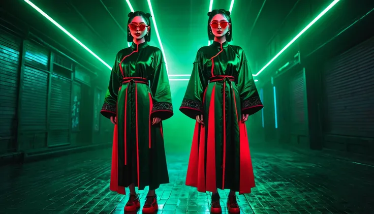 Dark night cyberpunk background，Neon，Full body shot，Red and dark green national trend style，woman，Chinese clothing，手持Neon，With round black glasses，Facial perfection，Detailed wide-angle shot，High Definition Rendering