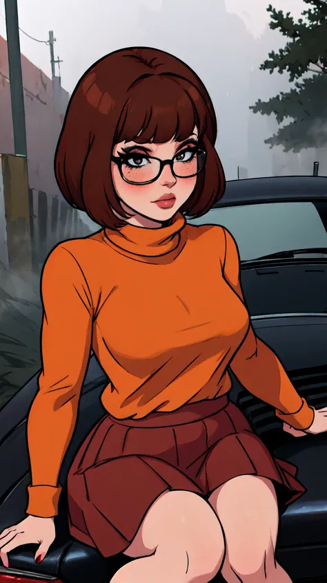 1girl, velma from scooby-doo, solo, skinny, brown hair, black eyes, square glasses, orange turtleneck blouse and red skirt, eyel...