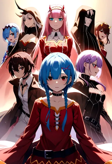 Roxy, Megumin, Zero Two, rem, echidna, They are located in the territory of the demon king, there are demons on the horizon,