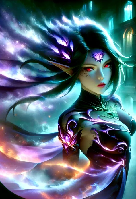 red eyes, sylvanas_windrunner, cinewow, 1girl, elf, will be depicted in the futuristic world of "Aeon Flux". The artwork will be created using the medium of digital illustration. The image quality should be at its best, with a resolution of 4k or 8k. It sh...