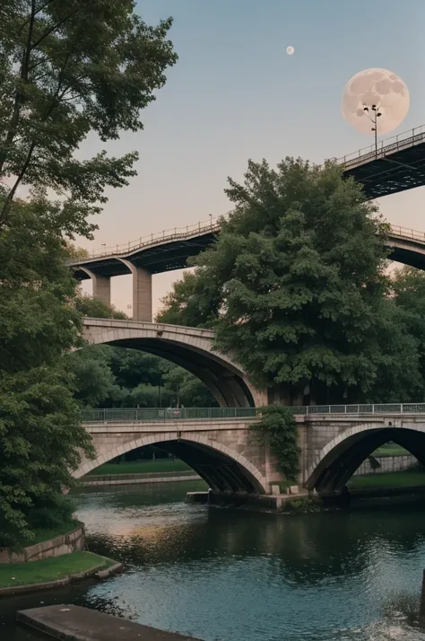 I created a park in the quietest part of the city under a bridge with a big moon 