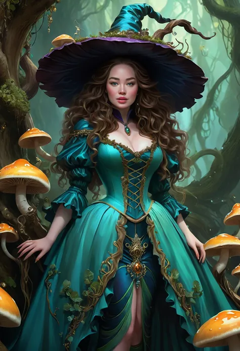 A fungus Witch. Anna Popplewell. Official Art, Award Winning Digital Painting, Digital Illustration, Extreme Detail, 4k, Ultra Hd, Rococo, Polished, Intricate, Realistic Fantasy Art, Sharp Focus, Concept Art, Art By Wlop, Artgerm, (2d Vector Illustration)
