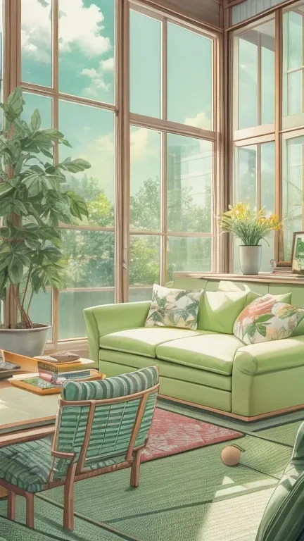 An anime-style scene for a YouTube video with a stylish and relaxing atmosphere. The scene depicts a cozy, modern Japanese-style room with large windows letting in soft natural light. A character is sitting on a comfortable sofa, sipping tea and reading a ...