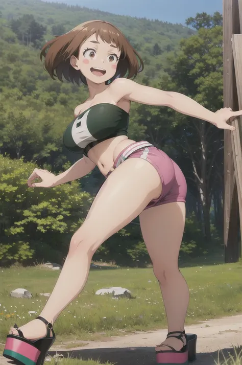 masterpiece, best quality, highres, hmochako, blush stickers, short hair, extra large breasts, pink strapless croptop, ((open-toe platform high heels)), tight booty shorts, smile, open mouth, running, forest background, legs spread apart