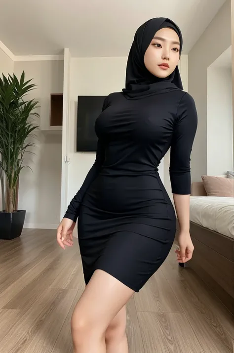 Beautiful korean woman wearing a hijab and tight dress showing curves and crown with high heels 