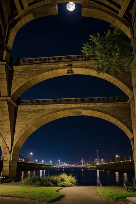 Create a park in the quietest part of the city under a bridge with a big moon 