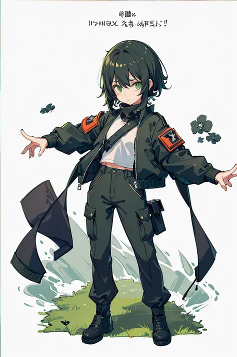 ((Masterpiece, Highest quality)), Detailed face, Black and white,, a girl in a black jacket and green Cargo pants standing, wearing Cargo pants, a green colored bomber jacket, Cargo pants , wearing dark green bomber jacket, black bomber jacket, black rugge...