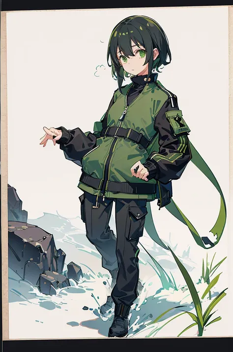 ((Masterpiece, Highest quality)), Detailed face, Black and white,, a girl in a black jacket and green Cargo pants standing, wearing Cargo pants, a green colored bomber jacket, Cargo pants , wearing dark green bomber jacket, black bomber jacket, black rugge...