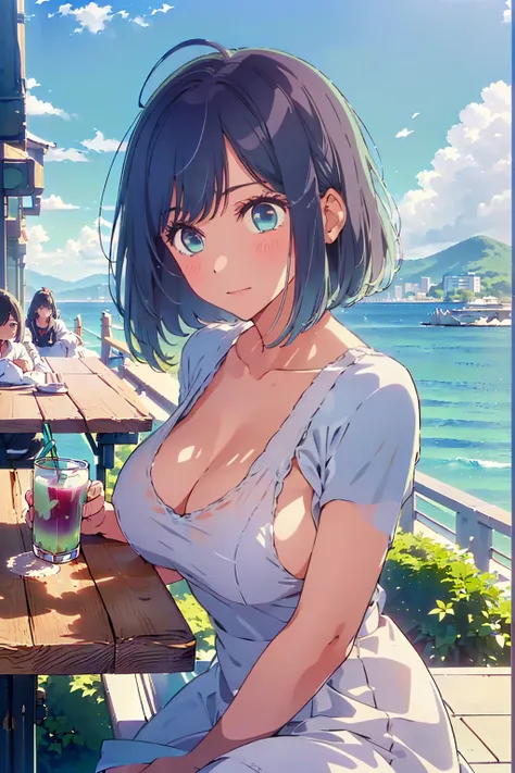 (Highest quality:1.4、8K:1.4、detailed)、F cup bust、Big Breasts、Slim body、Very white beautiful skin、((((1 person、Surprised expression、sit、Chair、In the background are the urban buildings of Tokyo、looking at the camera、Outdoor café terrace、coastal、Navy hair col...