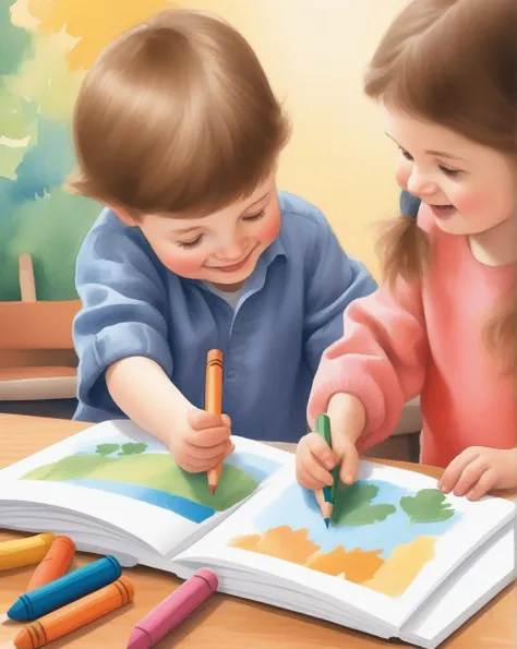 childrens picture books,crayon paintings, hand clicking on a boutton