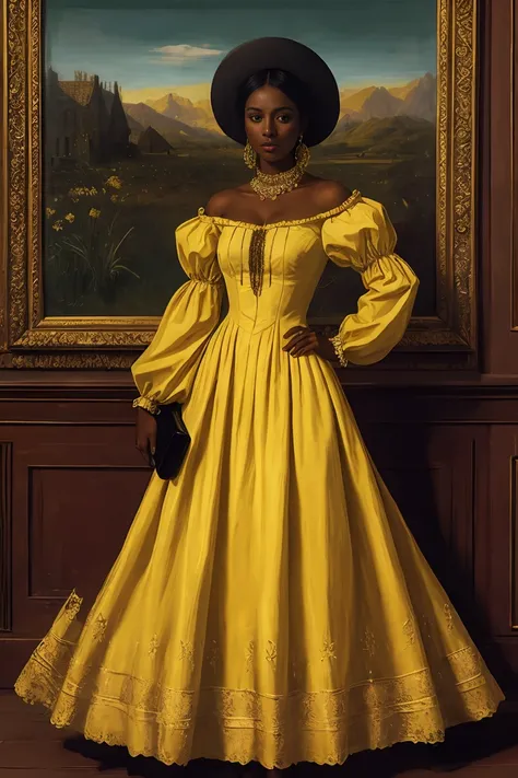 Beautiful woman with dark skin in a yellow dress, Renaissance style, inspired by Vasily Vereshchagin