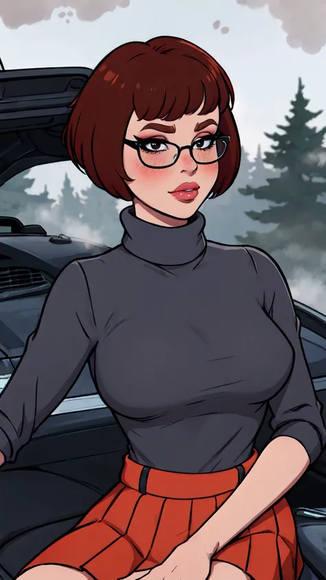 1girl, Velma from scooby-doo, solo, skinny, brown hair, black eyes, square glasses, orange turtleneck blouse and red skirt, eyeliner, looking at viewer, lips, black bob cut, blunt bangs, blush, standing, upper body, face focus, outdoors, horror (theme), ni...